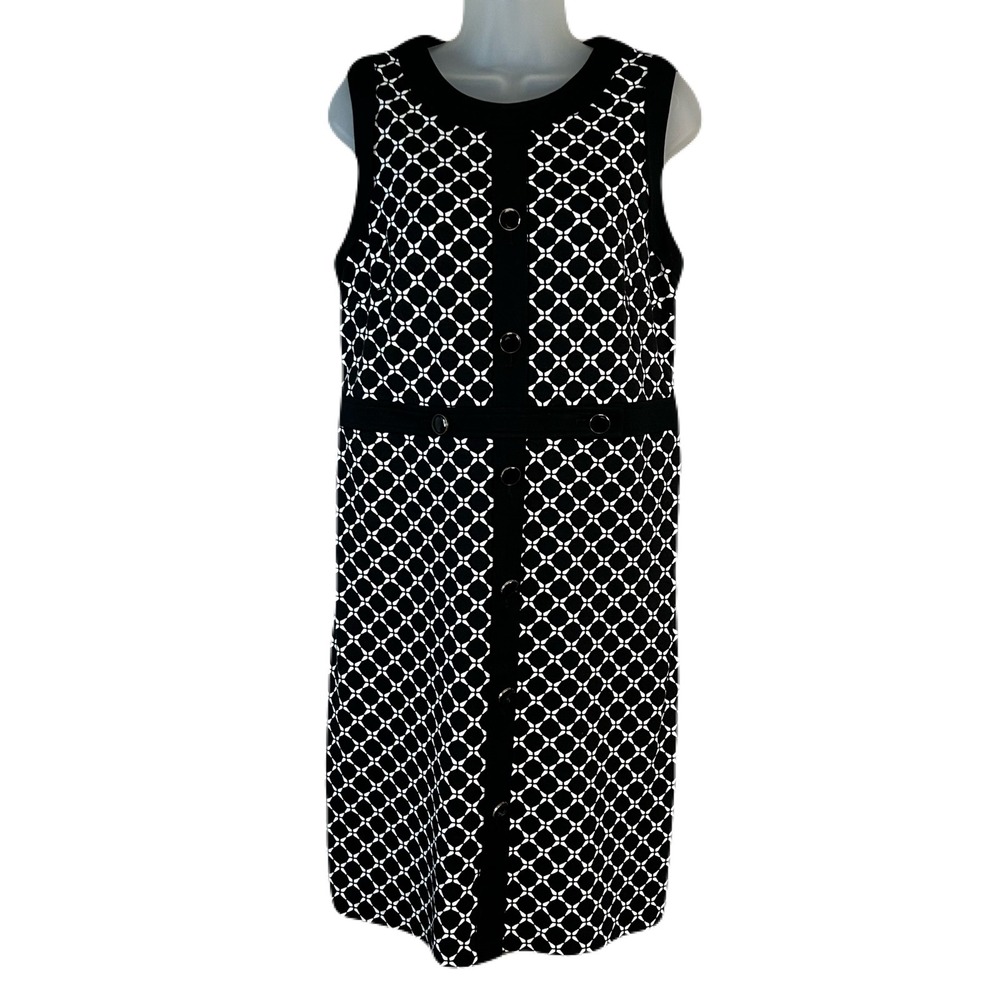 Talbots Petite Sheath Dress Sz 12P Geometric Print Black Ponte Office Event NWOT